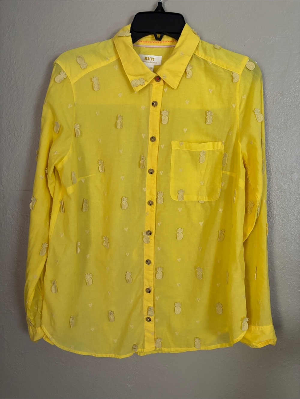 Maeve By Anthropologie Cotton Yellow Pineapple Button Up Blouse Women’s Size 8